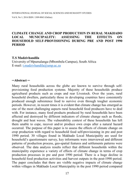 Climate Change and Crop Production in Rural Makhado Local Municipality: Assessing the Effects on Household Self-Provisioning During Pre and Post 1990 Period