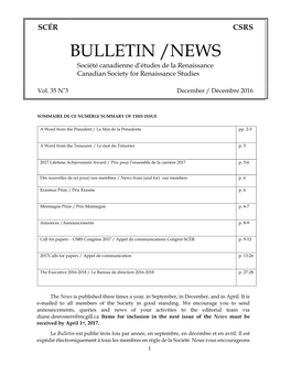 BULLETIN /NEWS Société Canadienne D’Études De La Renaissance Canadian Society for Renaissance Studies