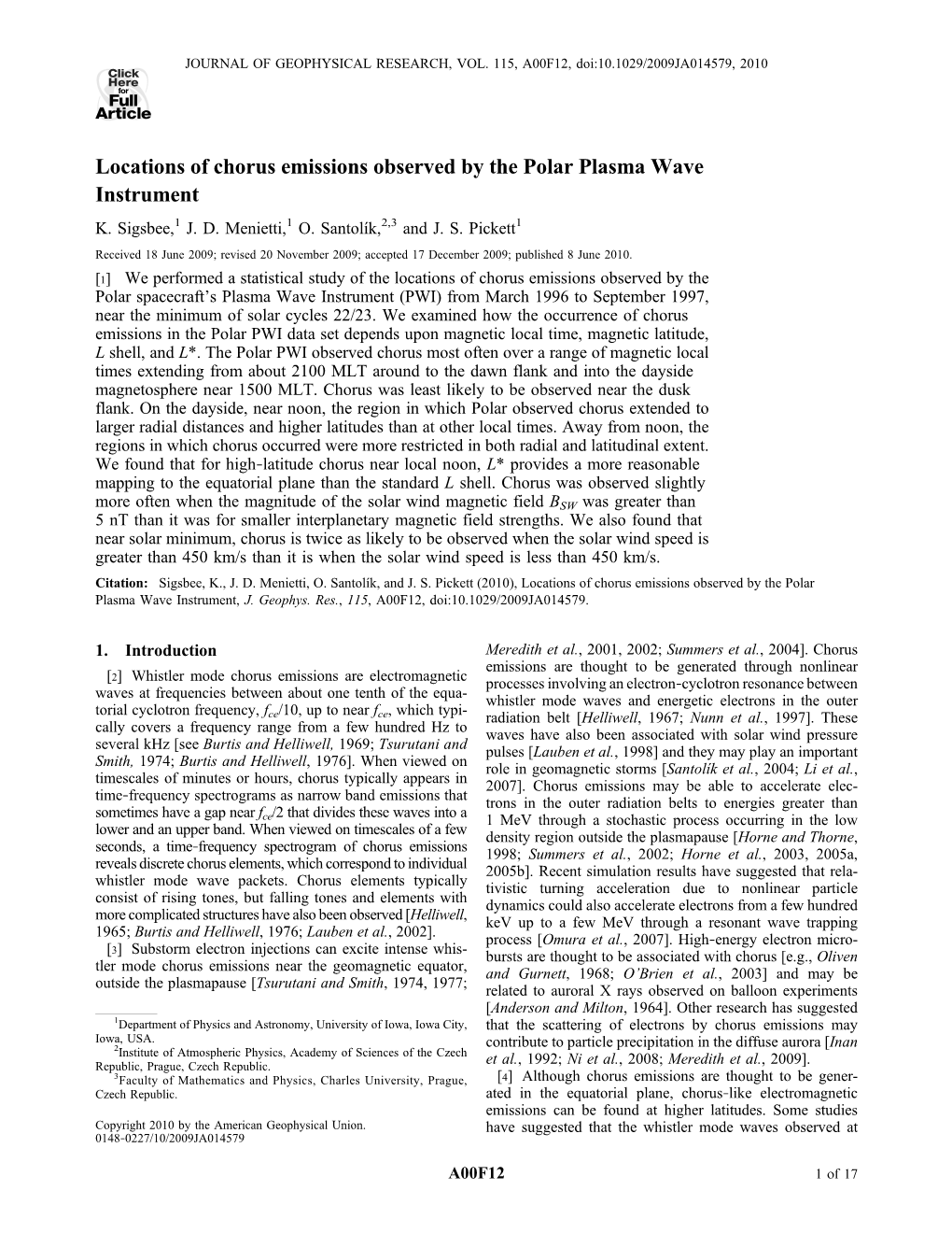 Locations of Chorus Emissions Observed by the Polar Plasma Wave Instrument K