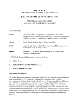 M I N U T E S Lane Regional Air Protection Agency Board of Directors Meeting Thursday January 9, 2019 1010 Main St, Springfield