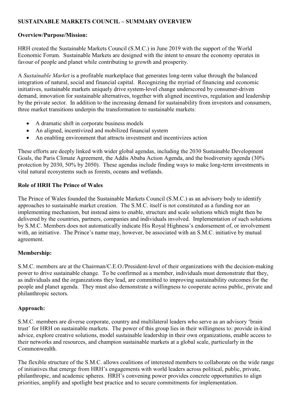 Sustainable Markets Council – Summary Overview