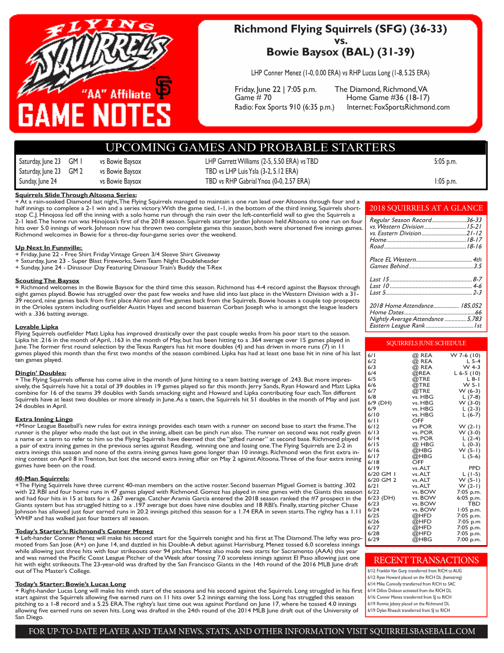 UPCOMING GAMES and PROBABLE STARTERS Saturday, June 23 GM 1 Vs Bowie Baysox LHP Garrett Williams (2-5, 5.50 ERA) Vs TBD 5:05 P.M