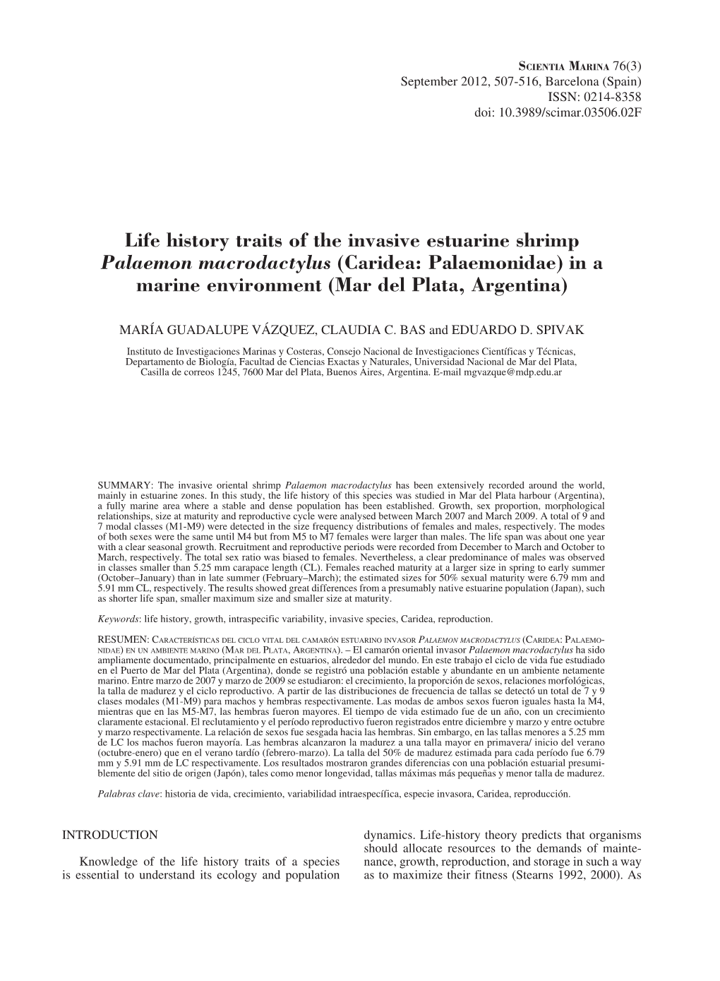 Caridea: Palaemonidae) in a Marine Environment (Mar Del Plata, Argentina)