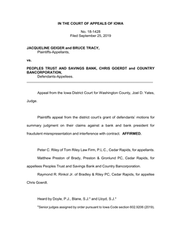 IN the COURT of APPEALS of IOWA No. 18-1428 Filed September 25, 2019 JACQUELINE GEIGER and BRUCE TRACY, Plaintiffs-Appellants, V