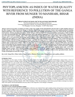 Phytoplankton As Index of Water Quality with Reference to Pollution of the Ganga River from Munger to Manihari, Bihar (India)