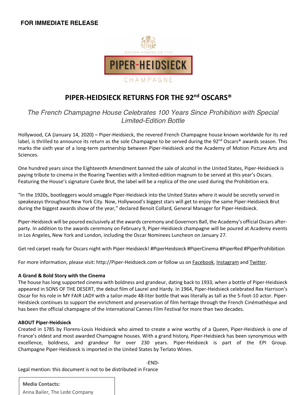 PIPER-HEIDSIECK RETURNS for the 92Nd OSCARS®