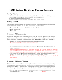 15213 Lecture 17: Virtual Memory Concepts