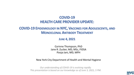 Covid-19 Health Care Provider Update: Covid-19 Epidemiology in Nyc, Vaccines for Adolescents, and Monoclonal Antibody Treatment