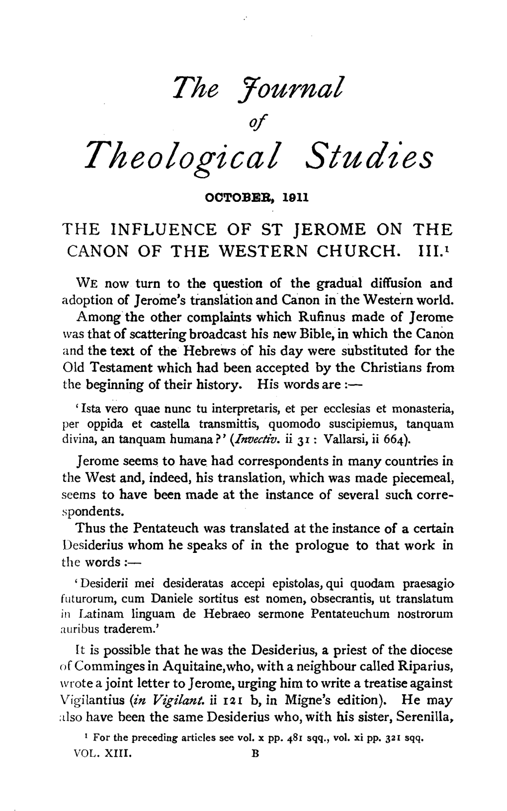 Theological Studz.Es OCTOBER, 1911 the INFLUENCE of ST JEROME on the CANON of the WESTERN CHURCH