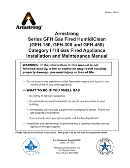 Armstrong Series GFH Gas Fired Humidiclean (GFH-150, GFH-300 and GFH-450) Category I / III Gas Fired Appliance Installation and Maintenance Manual