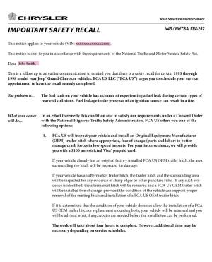 Important Safety Recall N45 / Nhtsa 13V-252