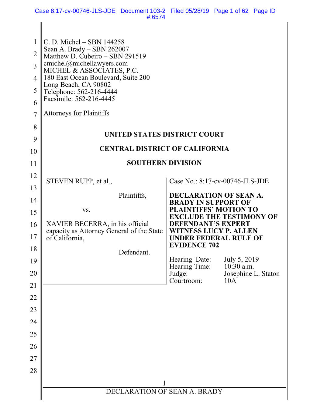 Declaration of Sean A. Brady in Support of Plaintiffs’ 11 Motion to Exclude the Testimony of Defendant’S Expert 12 Witness Lucy P