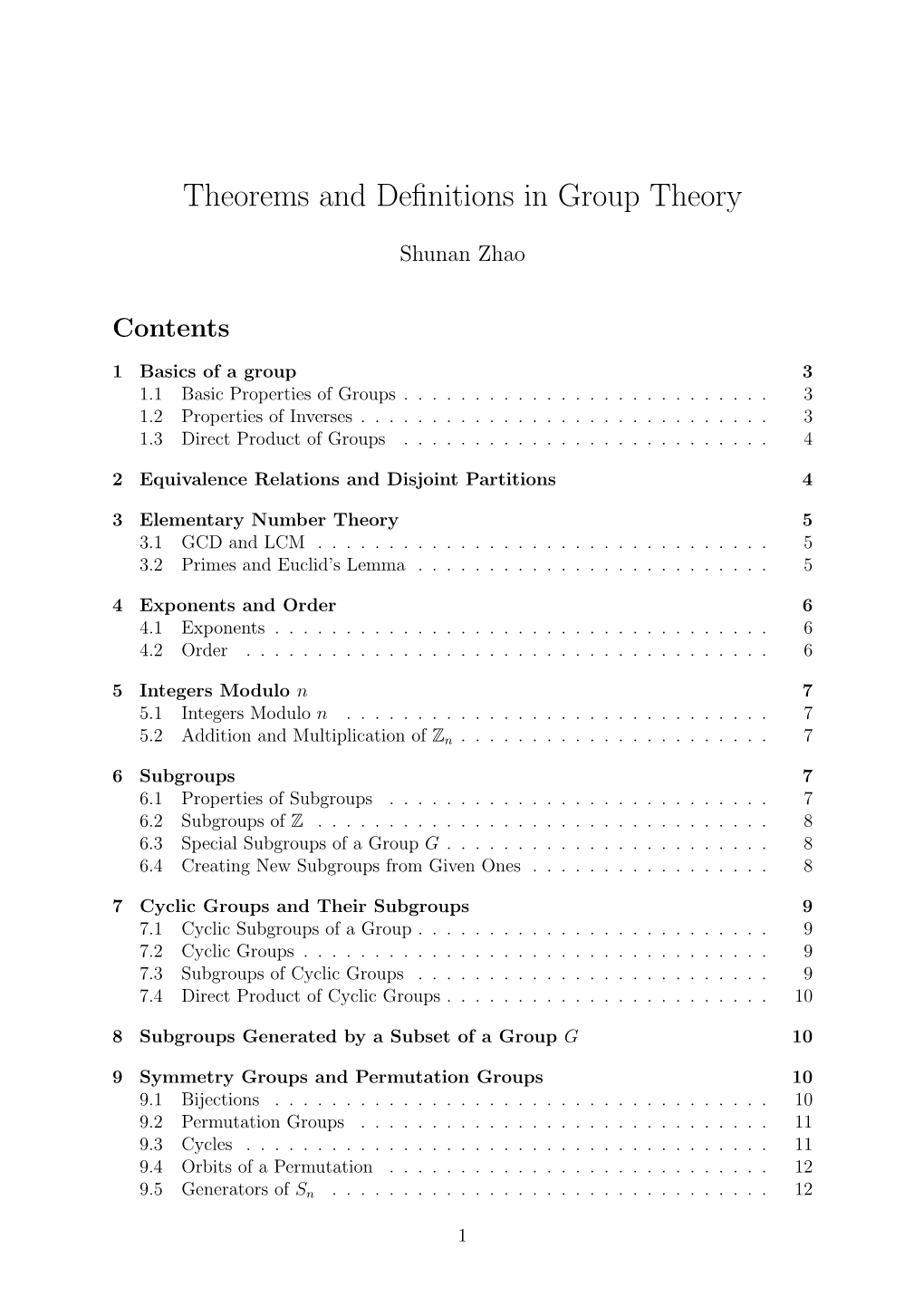 Theorems and Definitions in Group Theory