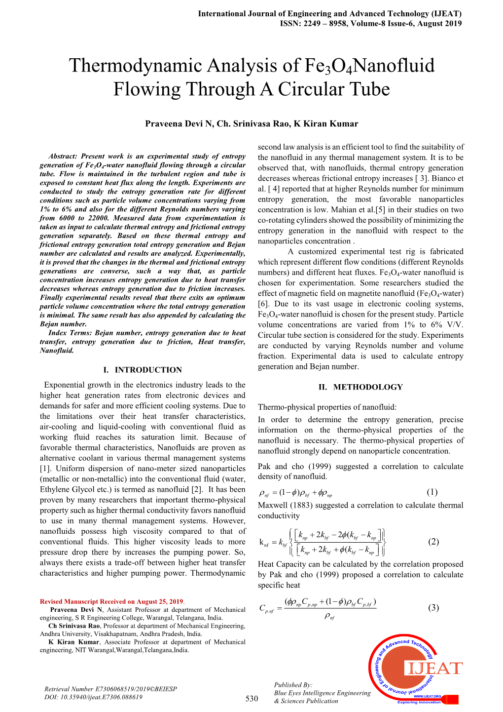 Thermodynamic Analysis of Fe3o4nanofluid Flowing Through a Circular Tube