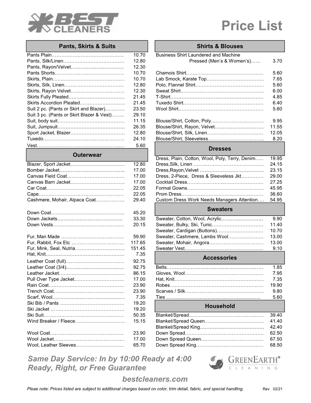 Prices Listed Are Subject to Additional Charges Based on Color, Trim Detail, Fabric, and Special Handling