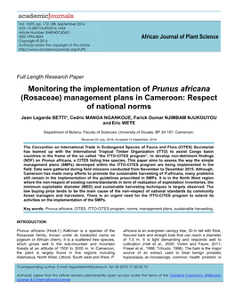 Monitoring the Implementation of Prunus Africana (Rosaceae) Management Plans in Cameroon: Respect of National Norms