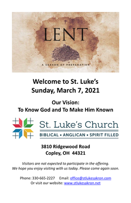 St. Luke's Sunday, March 7, 2021