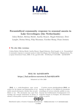 Foraminiferal Community Response to Seasonal Anoxia in Lake Grevelingen