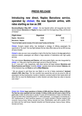 PRESS RELEASE Introducing New Direct, Naples Barcelona Service