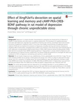 BDNF Pathway in Rat Model of Depression Through Chronic Unpredictable Stress Chunye Wang1, Jianyou Guo2* and Rongjuan Guo1*