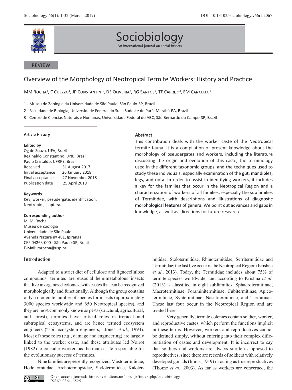 Sociobiology 66(1): 1-32 (March, 2019) DOI: 10.13102/Sociobiology.V66i1.2067