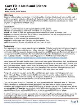 Corn Field Math and Science Grades 3-5 Math, Science, Social Studies Objectives Students Will Learn About Corn’S Place in the History of the Americas