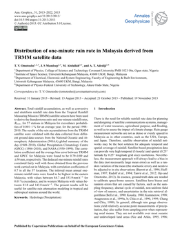Distribution of One-Minute Rain Rate in Malaysia Derived from TRMM Satellite Data