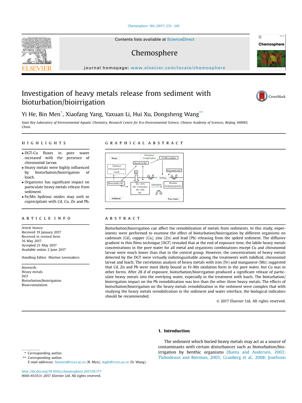 Investigation of Heavy Metals Release from Sediment with Bioturbation/Bioirrigation