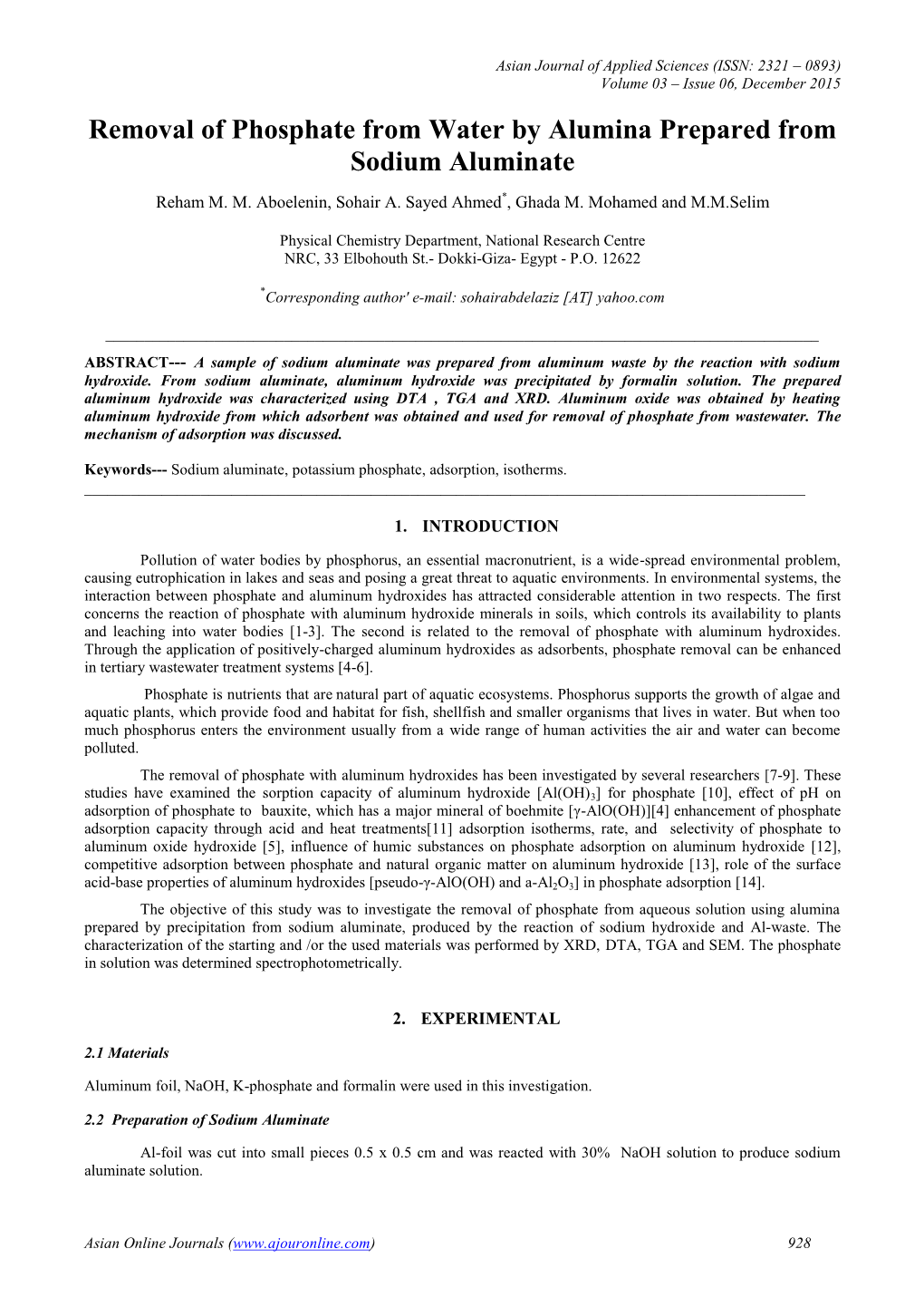 Removal of Phosphate from Water by Alumina Prepared from Sodium Aluminate