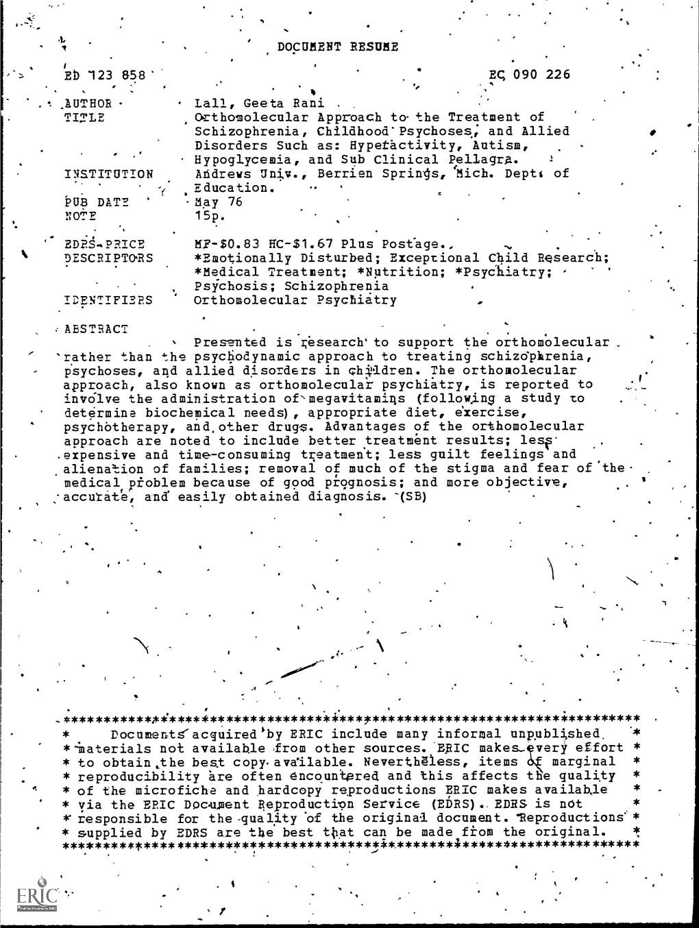 Orthomolecular Approach to the Treatment of Schizophrenia