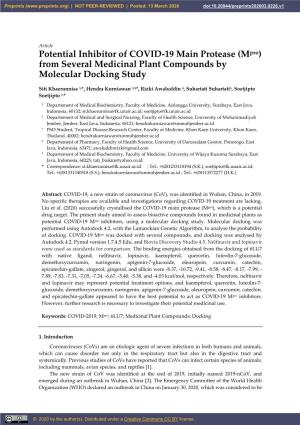 Potential Inhibitor of COVID-19 Main Protease (Mpro) from Several Medicinal Plant Compounds by Molecular Docking Study