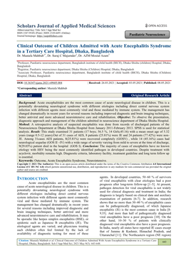 Clinical Outcome of Children Admitted with Acute Encephalitis Syndrome in a Tertiary Care Hospital, Dhaka, Bangladesh Dr