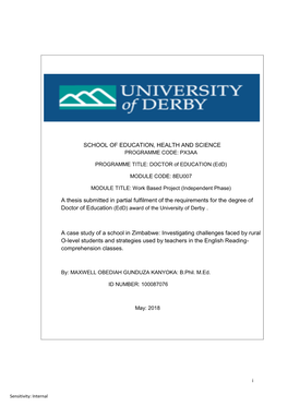 SCHOOL of EDUCATION, HEALTH and SCIENCE a Thesis Submitted