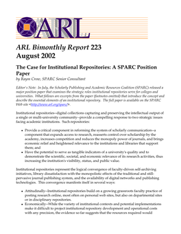 ARL Bimonthly Report 223 August 2002 the Case for Institutional Repositories: a SPARC Position Paper by Raym Crow, SPARC Senior Consultant