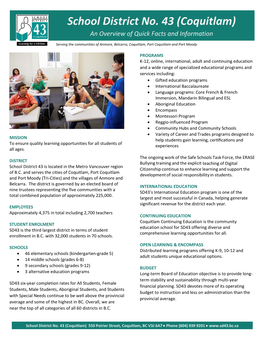 School District No. 43 (Coquitlam) an Overview of Quick Facts and Information