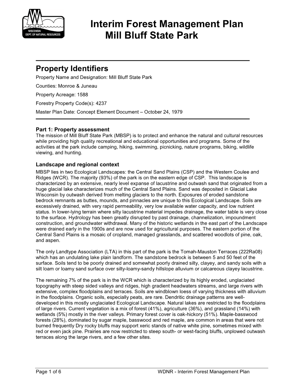 Interim Forest Management Plan Mill Bluff State Park