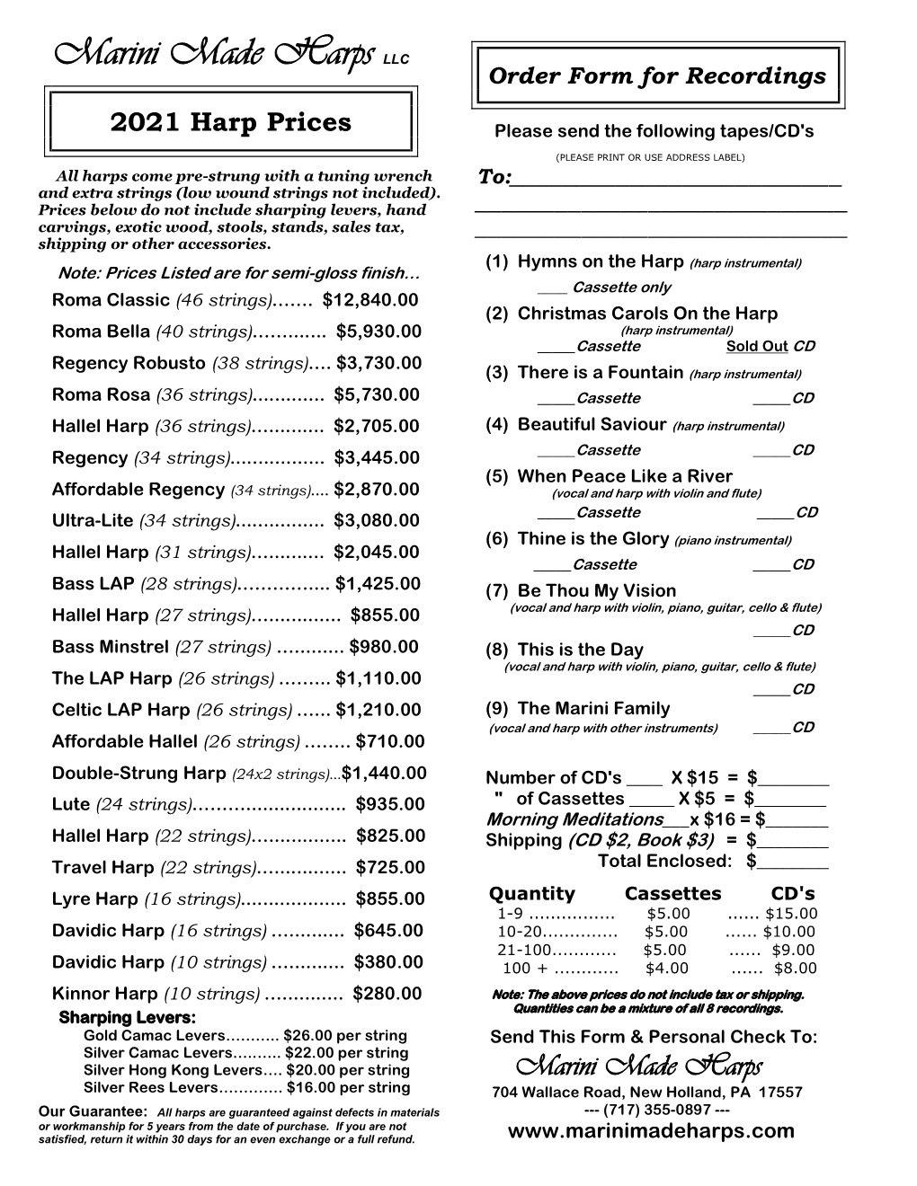 Order Form for Recordings