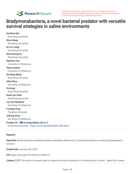 Bradymonabacteria, a Novel Bacterial Predator with Versatile Survival Strategies in Saline Environments