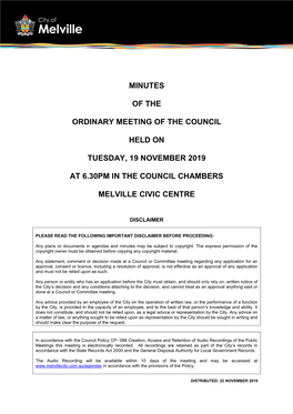Minutes of the Ordinary Meeting of the Council Held on Tuesday, 15 October 2019, Be Confirmed As a True and Accurate Record