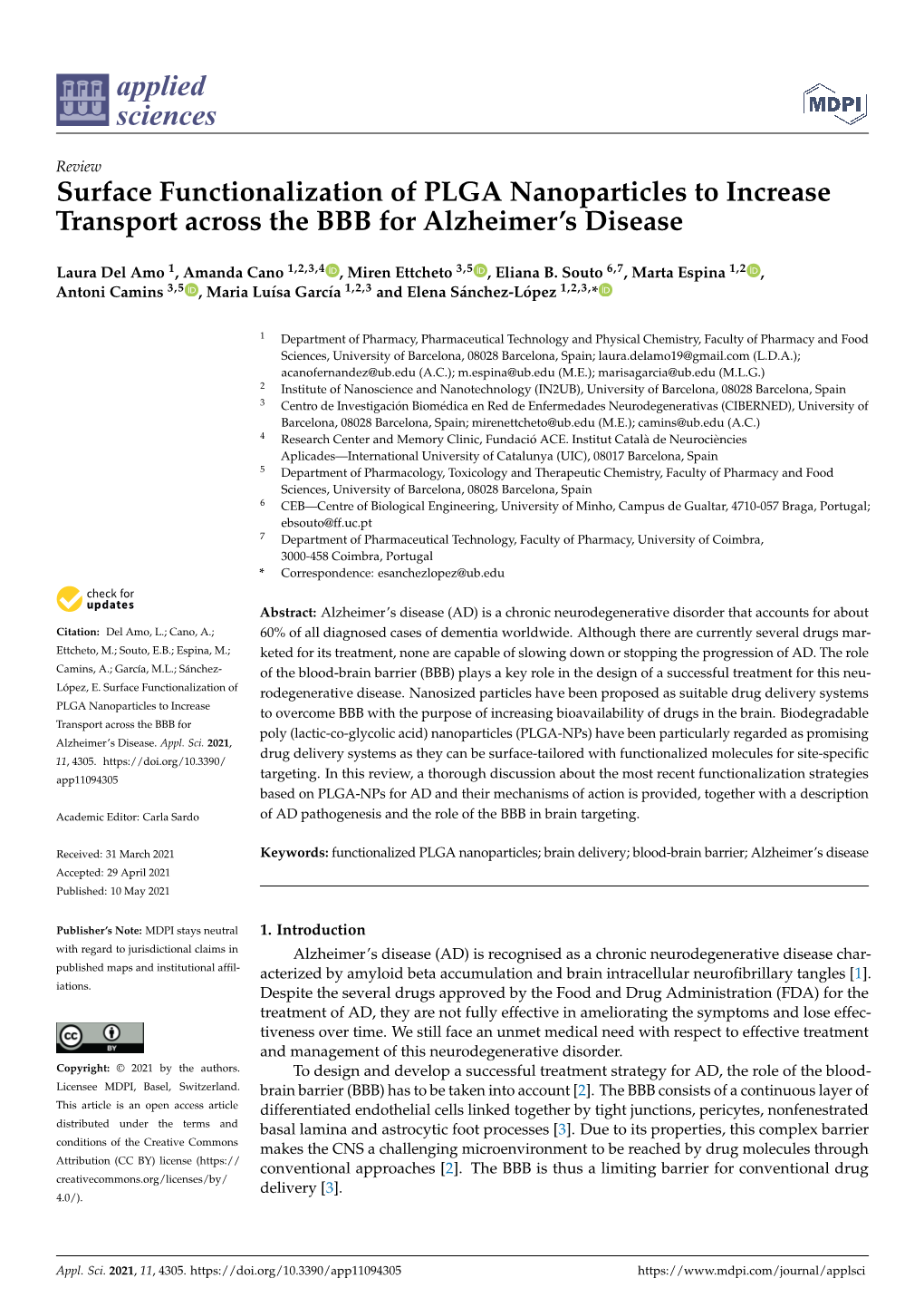 Surface Functionalization of PLGA Nanoparticles to Increase Transport Across the BBB for Alzheimer’S Disease