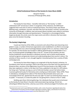 A Brief Institutional History of the Society for Asian Music (SAM) Benjamin Pachter University of Pittsburgh (Phd, 2013)