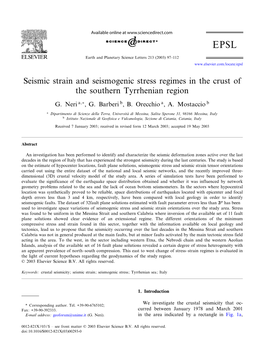 Seismic Strain and Seismogenic Stress Regimes in the Crust of the Southern Tyrrhenian Region