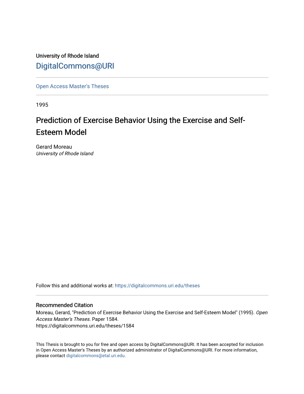 Prediction of Exercise Behavior Using the Exercise and Self-Esteem Model" (1995)