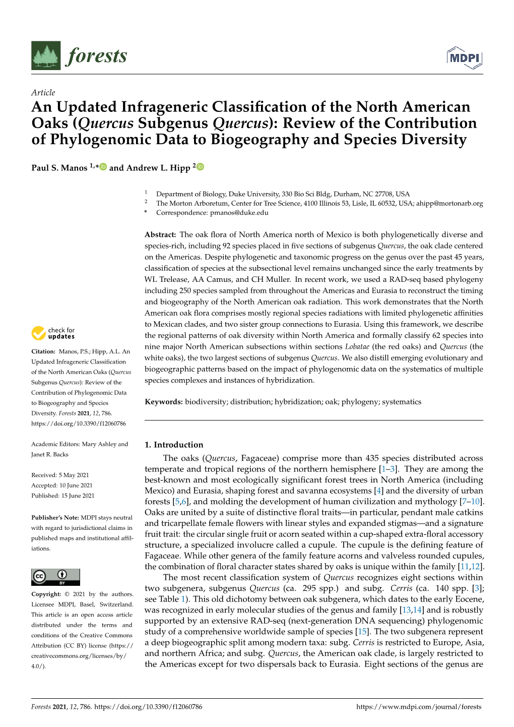 An Updated Infrageneric Classification of the North American Oaks