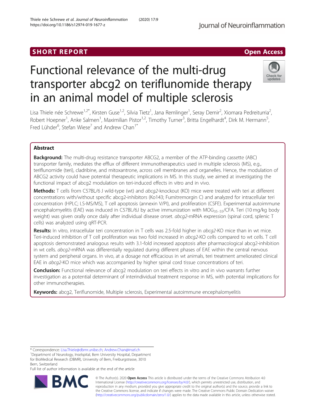 Functional Relevance of the Multi-Drug Transporter Abcg2 on Teriflunomide