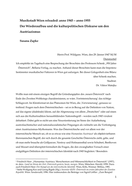 Musikstadt Wien Reloaded: Anno 1945 – Anno 1955 Der Wiederaufbau Und Die Kulturpolitischen Diskurse Um Den Austriazismus