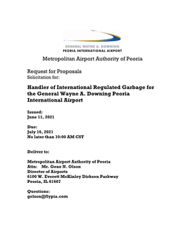 Metropolitan Airport Authority of Peoria Request for Proposals Handler of International Regulated Garbage for the General Wayne