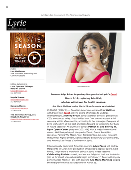 Soprano Ailyn Pérez to Portray Marguerite in Lyric's Faust March 3