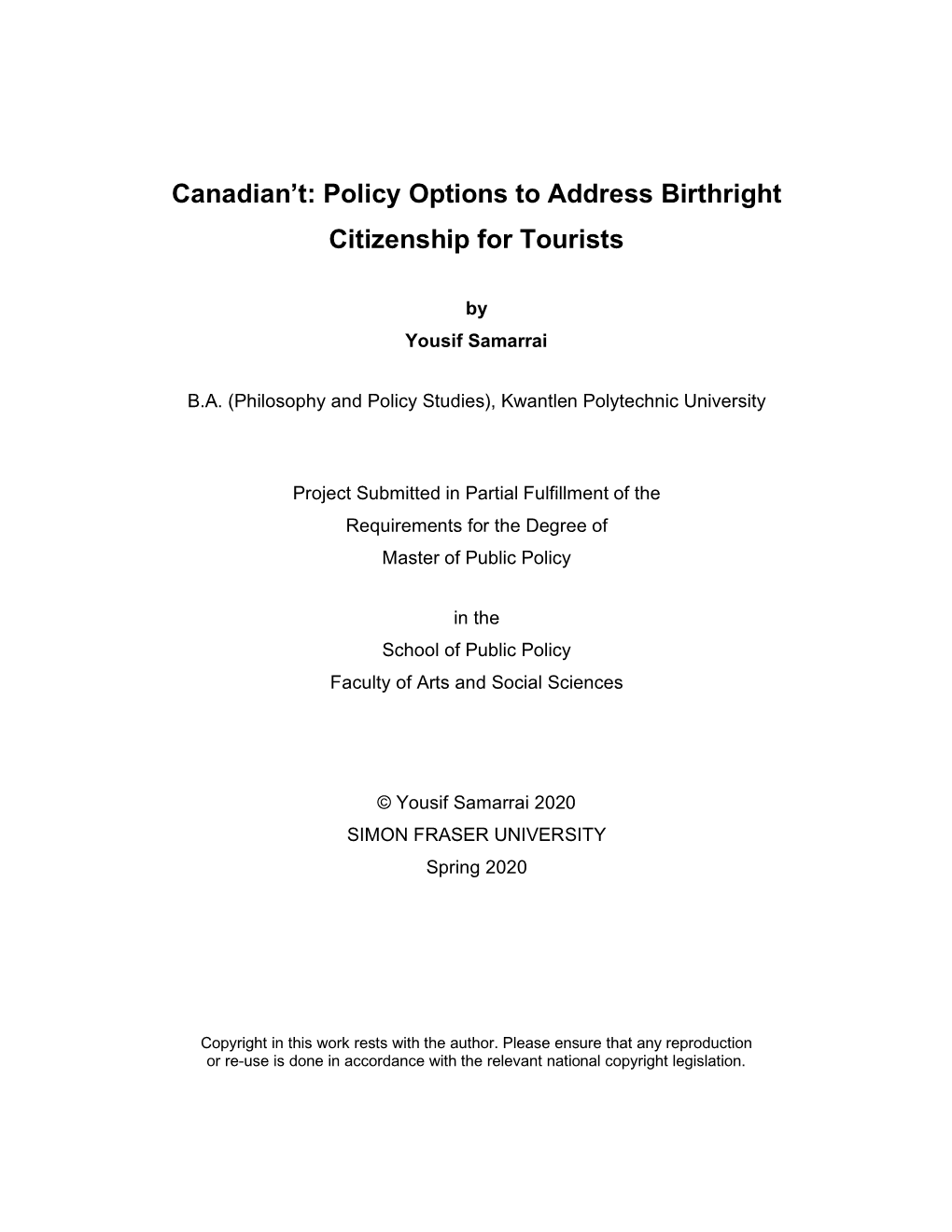 Canadian't: Policy Options to Address Birthright Citizenship for Tourists