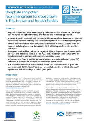 Technical Note (TN718): Phosphate and Potash Recommendations for Crops Grown in Fife, Lothian and Scottish Borders
